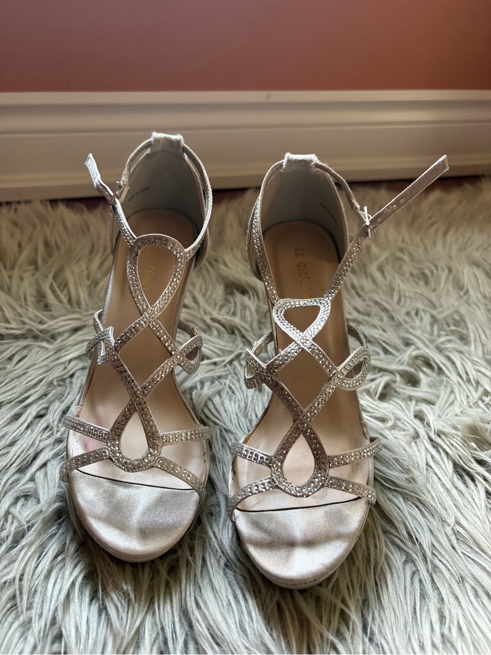 chic Silver Satin Crystal-Strap T‑Strap Heels